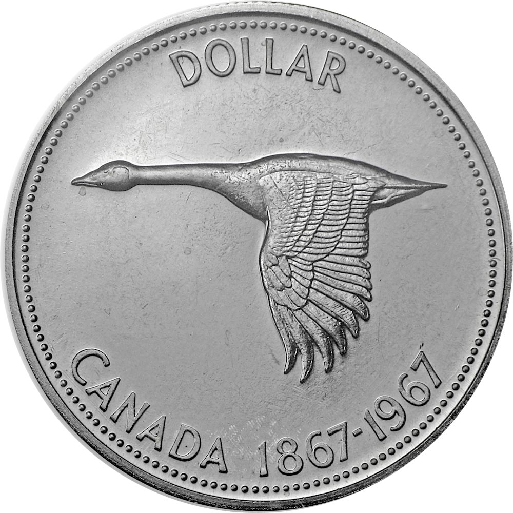 Image of 1 dollar coin - The centennial dollar | Canada 1967.  The Gold coin is of UNC quality.
