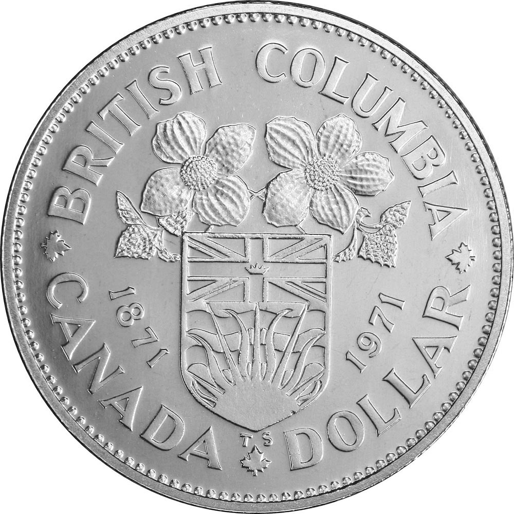 Image of 1 dollar coin - British Columbia's centennial | Canada 1971.  The Nickel coin is of UNC quality.