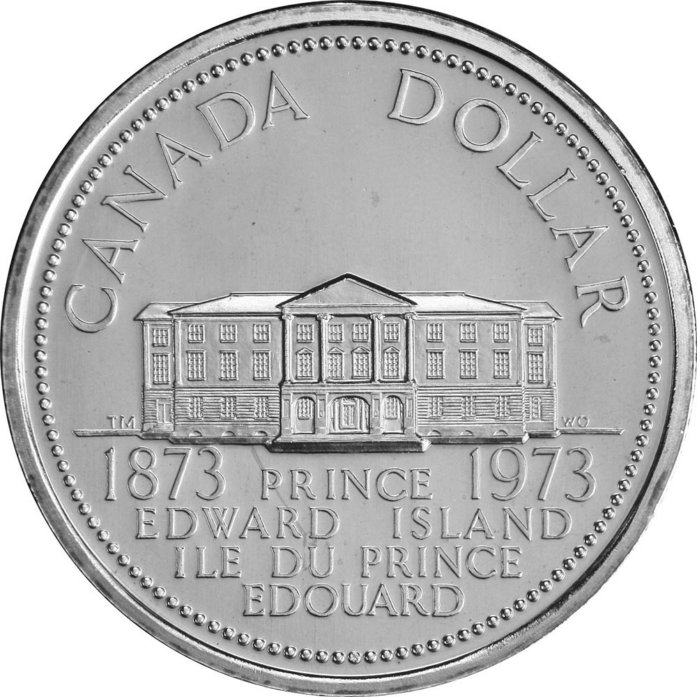 Image of 1 dollar coin - Prince Edward Island's centennial | Canada 1973.  The Nickel coin is of UNC quality.