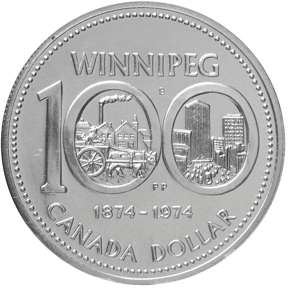 Image of 1 dollar coin - Winnipeg's centennial | Canada 1974.  The Nickel coin is of UNC quality.