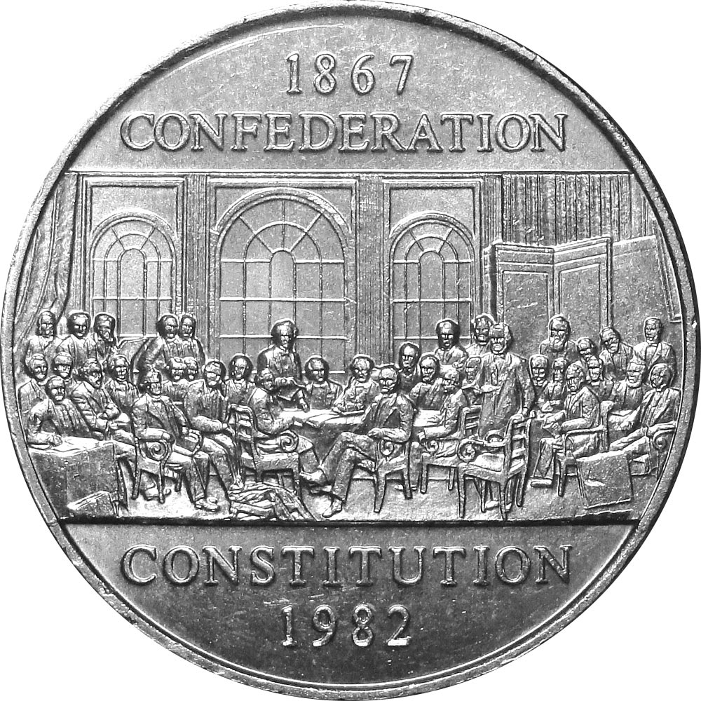 Image of 1 dollar coin - The Constitution commemorative coin | Canada 1982.  The Nickel coin is of UNC quality.