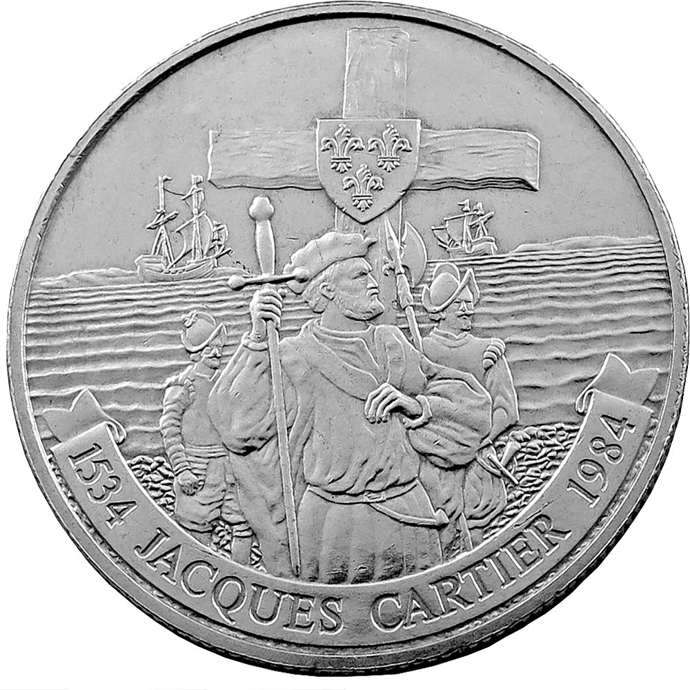 Image of 1 dollar coin - Jacques Cartier on the Gaspé | Canada 1984.  The Nickel coin is of UNC quality.