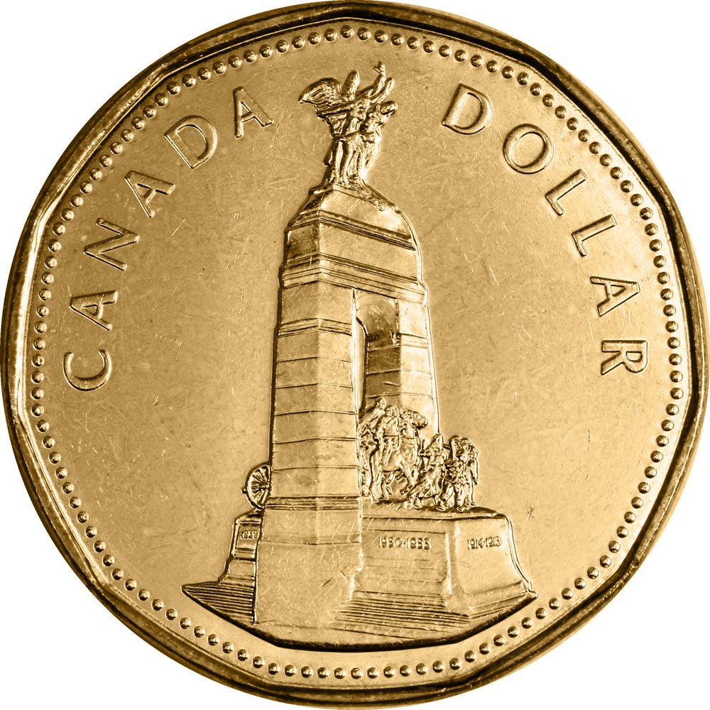 Image of 1 dollar coin - The National War Memorial coin | Canada 1994.  The Nickel, bronze plating coin is of UNC quality.