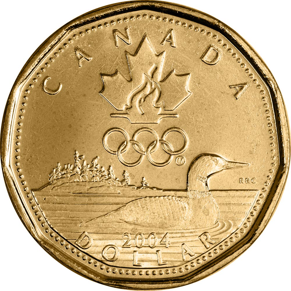 Image of 1 dollar coin - Lucky Loonie | Canada 2004.  The Nickel, bronze plating coin is of UNC quality.