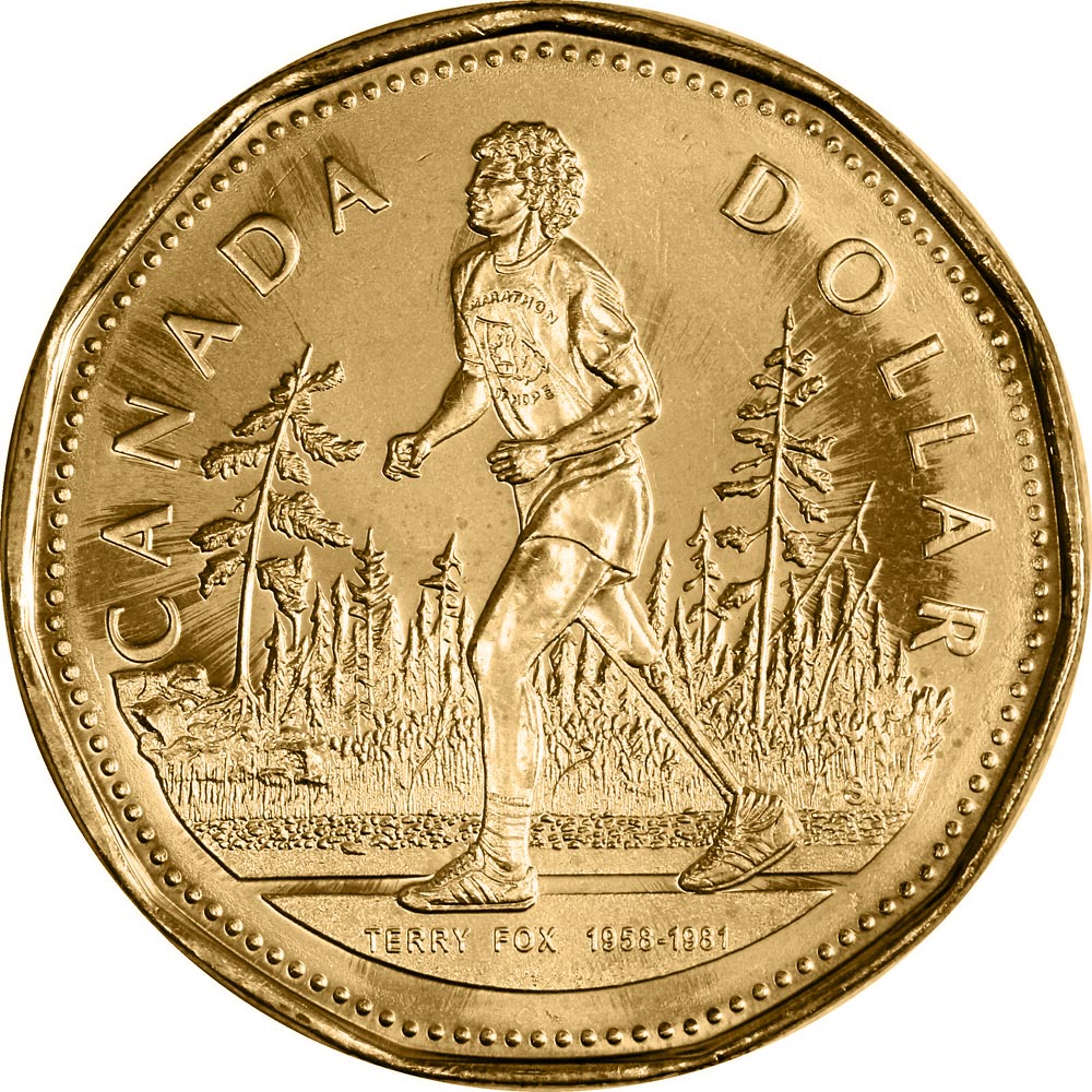 Image of 1 dollar coin - Terry Fox | Canada 2005.  The Nickel, bronze plating coin is of UNC quality.