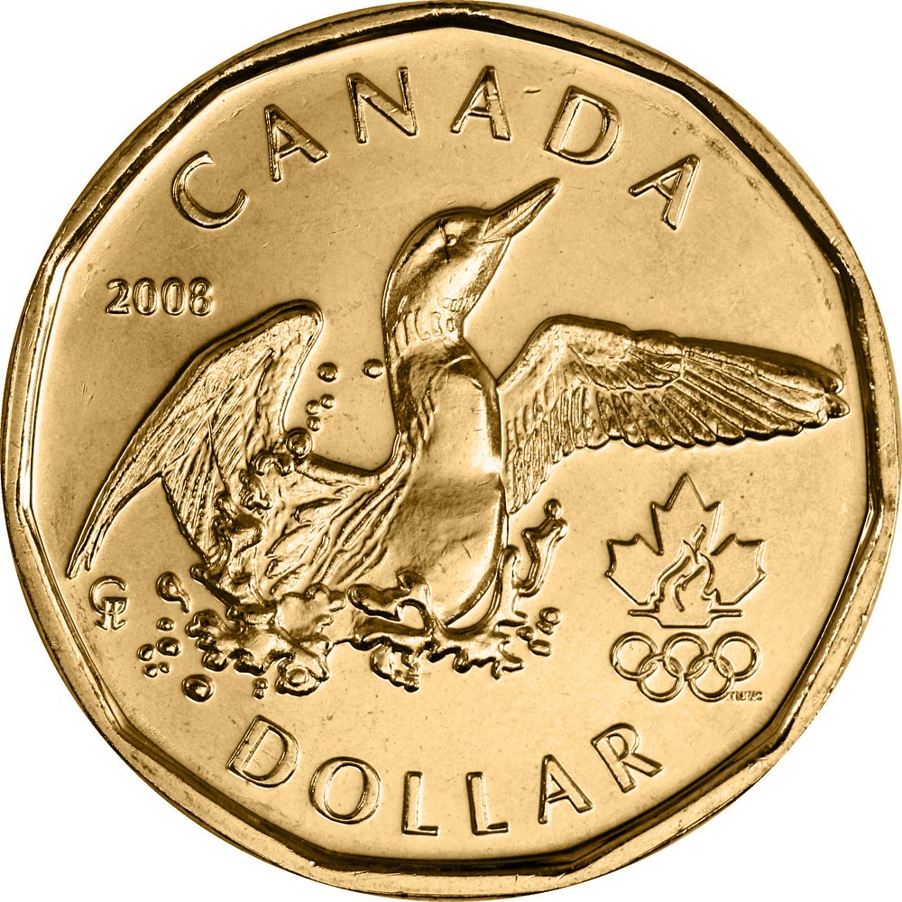 Image of 1 dollar coin - Lucky Loonie | Canada 2008.  The Nickel, bronze plating coin is of UNC quality.
