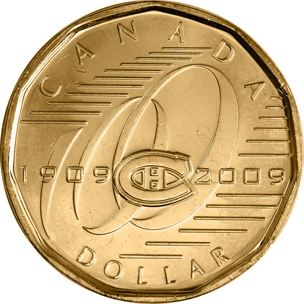 Image of 1 dollar coin - Montreal Canadiens | Canada 2009.  The Nickel, bronze plating coin is of UNC quality.