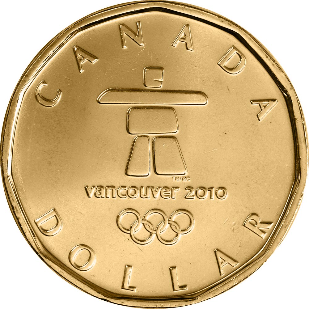 Image of 1 dollar coin - OLYMPIC Lucky Loonie | Canada 2010.  The Nickel, bronze plating coin is of UNC quality.