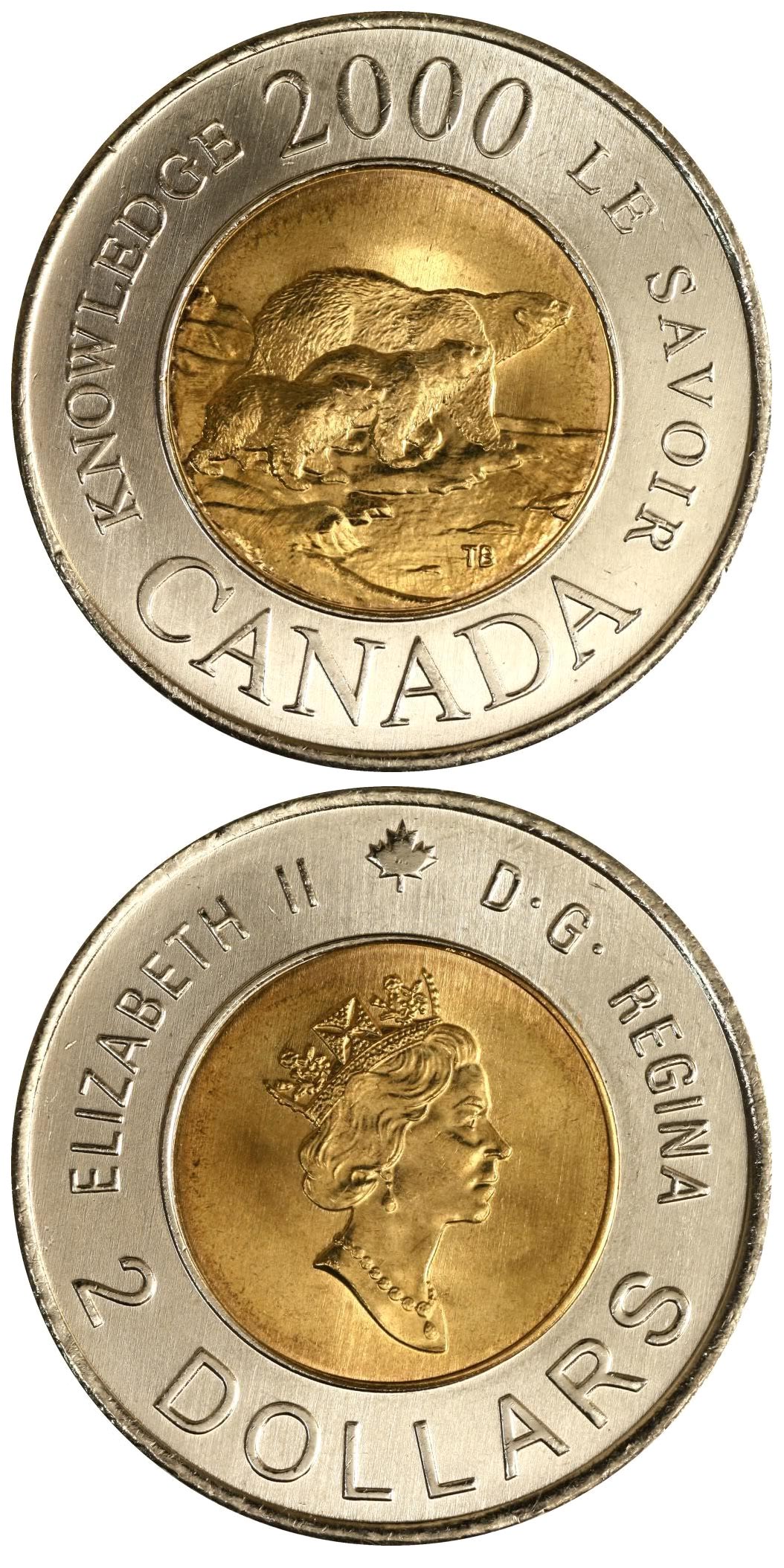 Image of 2 dollars coin - Path of Knowledge | Canada 2000.  The Bimetal: CuNi, nordic gold coin is of UNC quality.