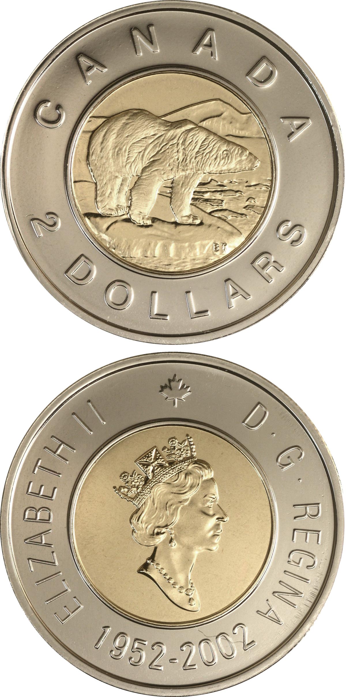 Image of 2 dollars coin - The 50th anniversary of Queen Elizabeth's reign | Canada 2002.  The Bimetal: CuNi, nordic gold coin is of UNC quality.