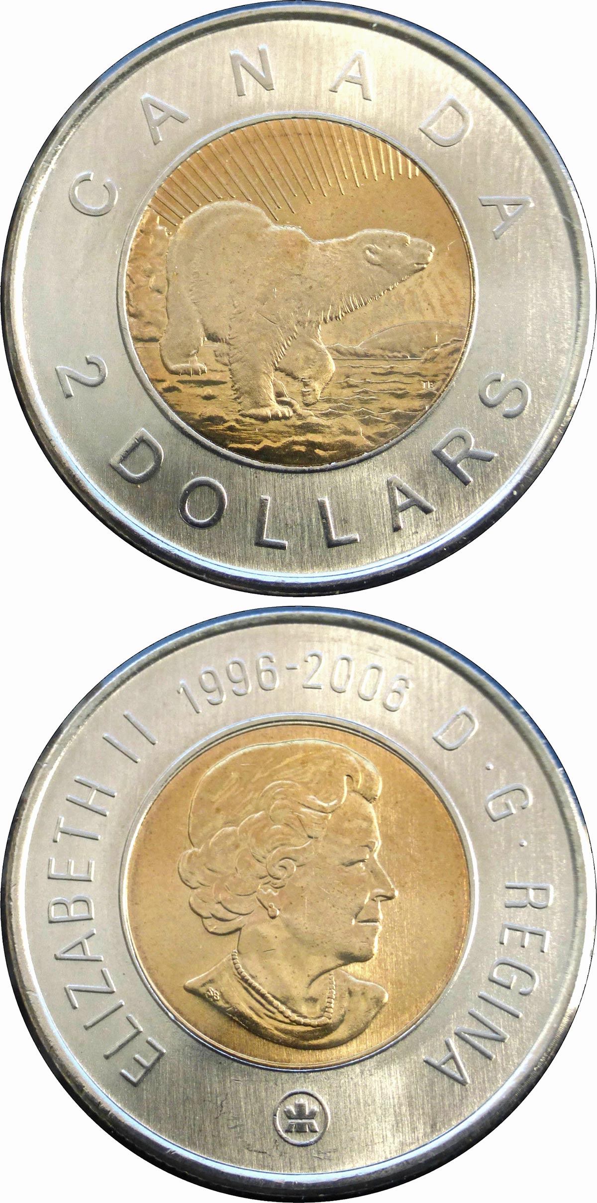 Image of 2 dollars coin - 10th Anniversary of Toonie | Canada 2006.  The Bimetal: CuNi, nordic gold coin is of UNC quality.