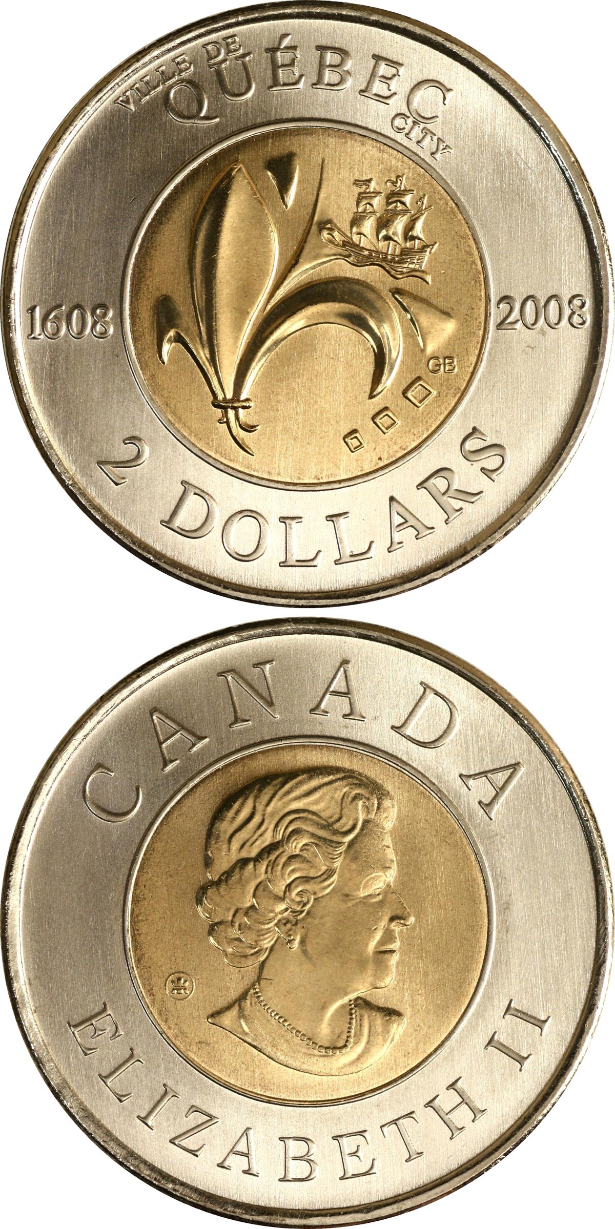 Image of 2 dollars coin - 400th Anniversary of founding of Quebec City & 1st French settlement in North America | Canada 2008.  The Bimetal: CuNi, nordic gold coin is of UNC quality.
