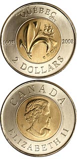 2 dollar coin 400th Anniversary of founding of Quebec City & 1st French settlement in North America | Canada 2008