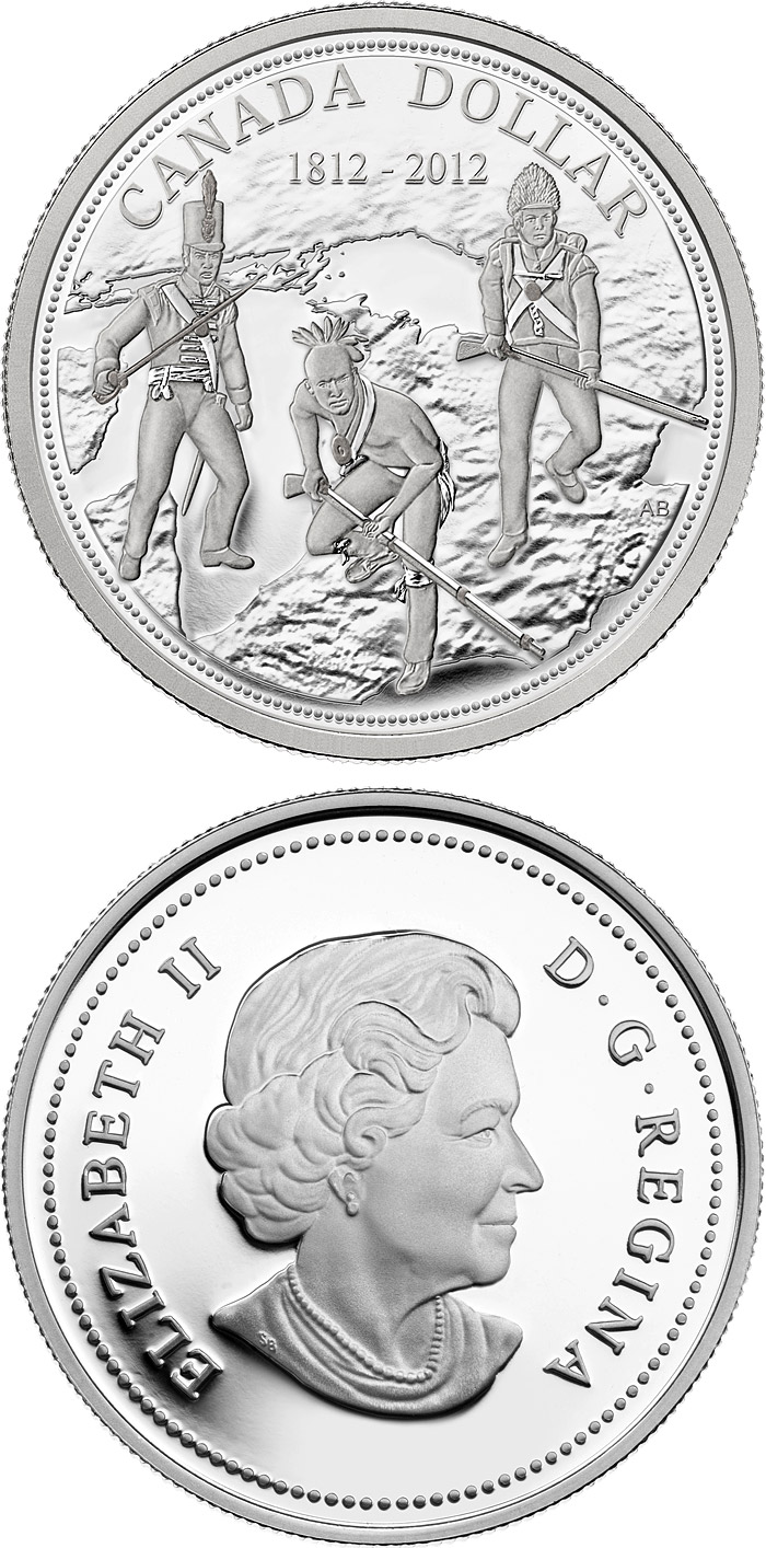Image of 1 dollar coin - 200th anniversary of the War of 1812 | Canada 2012.  The Silver coin is of Proof, BU quality.