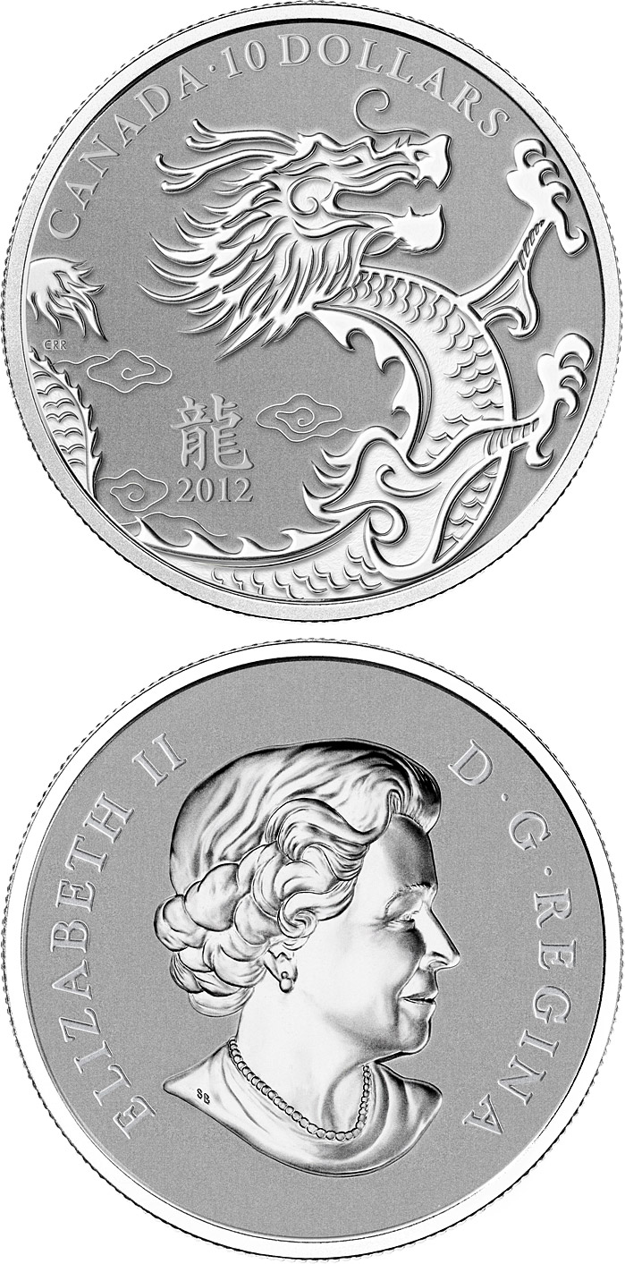 Image of 10 dollars coin - Year of the Dragon | Canada 2012.  The Silver coin is of Proof quality.