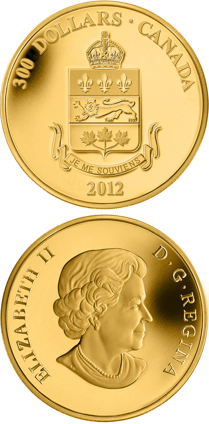 Image of 300 dollars coin - Quebec Coat of Arms | Canada 2012.  The Gold coin is of Proof quality.