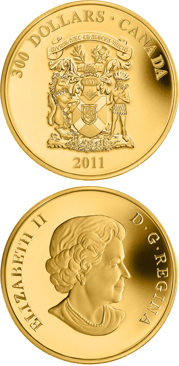 Image of 300 dollars coin - Nova Scotia Coat of Arms | Canada 2011.  The Gold coin is of Proof quality.