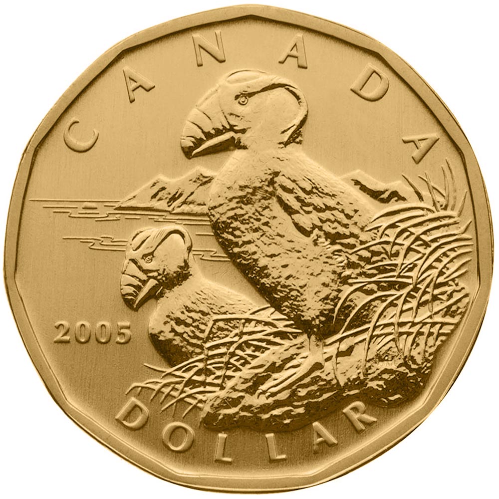Image of 1 dollar coin - Tufted Puffin | Canada 2005.  The Nickel, bronze plating coin is of BU quality.