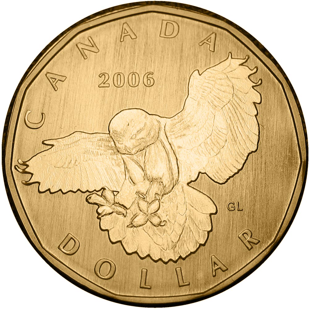 Image of 1 dollar coin - Snowy Owl | Canada 2006.  The Nickel, bronze plating coin is of BU quality.