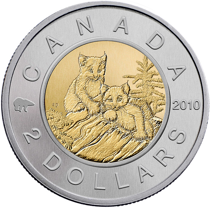 Image of 2 dollars coin - Young Lynx | Canada 2010.  The Bimetal: CuNi, nordic gold coin is of BU quality.