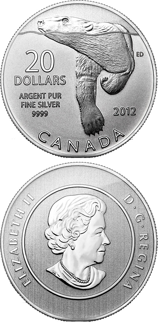 Image of 20 dollars coin - Polar Bear | Canada 2012.  The Silver coin is of BU quality.