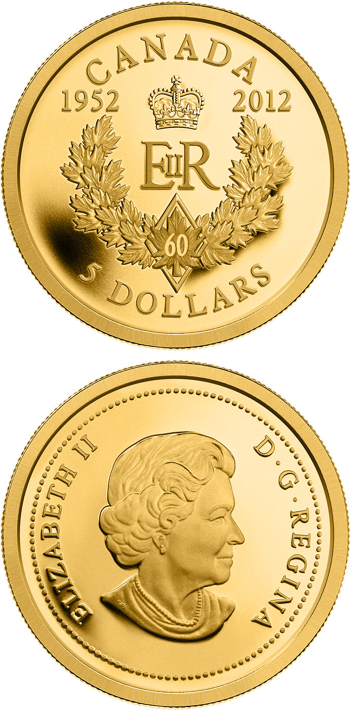 Image of 5 dollars coin - The Queen’s Diamond Jubilee | Canada 2012.  The Gold coin is of Proof quality.