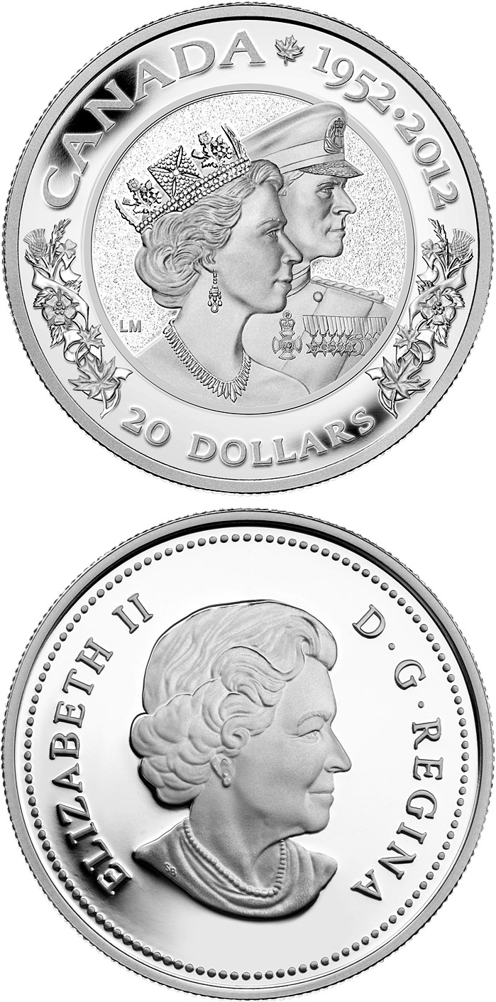 Image of 20 dollars coin - The Queen’s Diamond Jubilee - Queen Elizabeth II and Prince Philip | Canada 2012.  The Silver coin is of Proof quality.