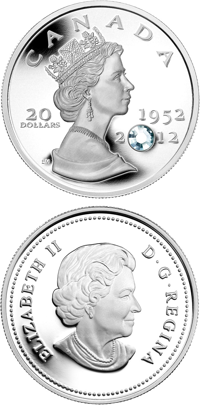 Image of 20 dollars coin - The Queen’s Diamond Jubilee | Canada 2012.  The Silver coin is of Proof quality.