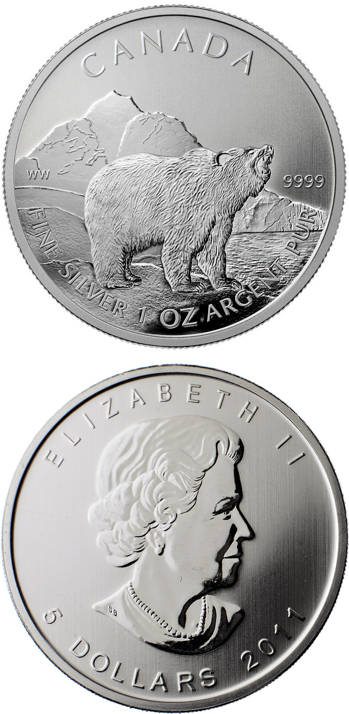 Image of 5 dollars coin - The Grizzly | Canada 2011.  The Silver coin is of BU quality.