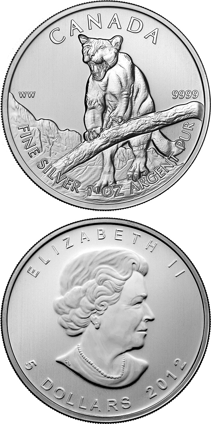 Image of 5 dollars coin - The Cougar | Canada 2012.  The Silver coin is of BU quality.