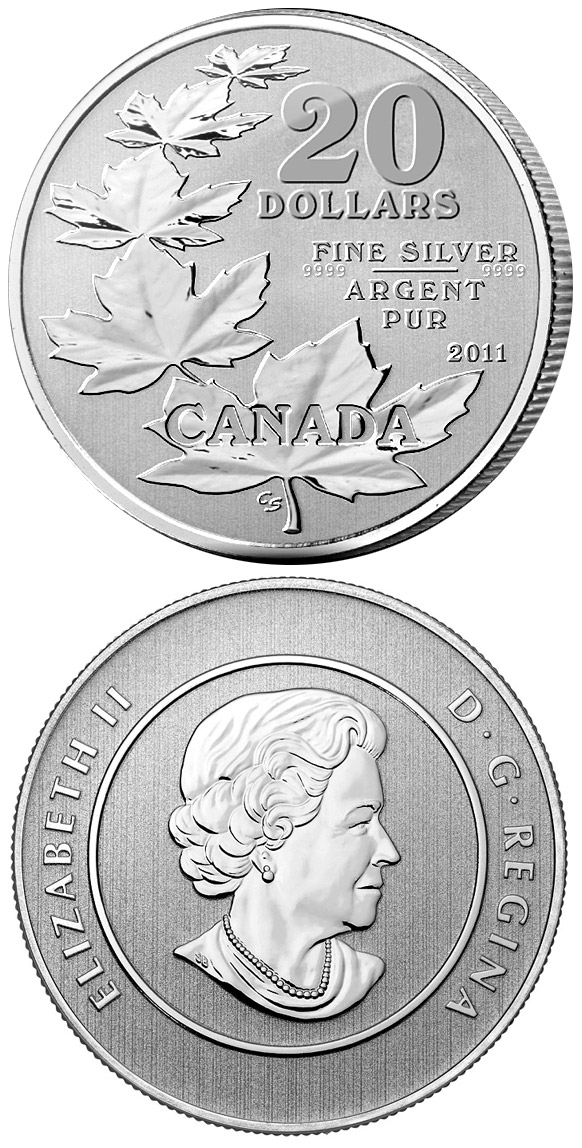 Image of 20 dollars coin - The Maple Leaves | Canada 2011.  The Silver coin is of BU quality.