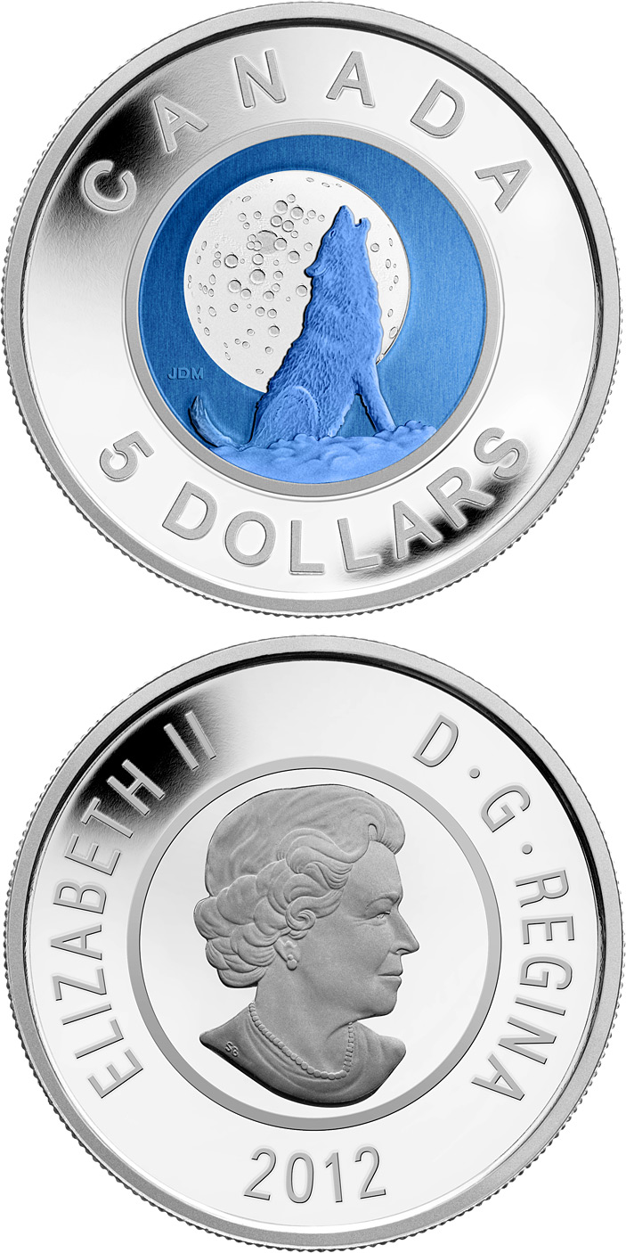 Image of 5 dollars coin - Wolf Moon | Canada 2012.  The Bimetal: silver, niobium coin is of Proof quality.