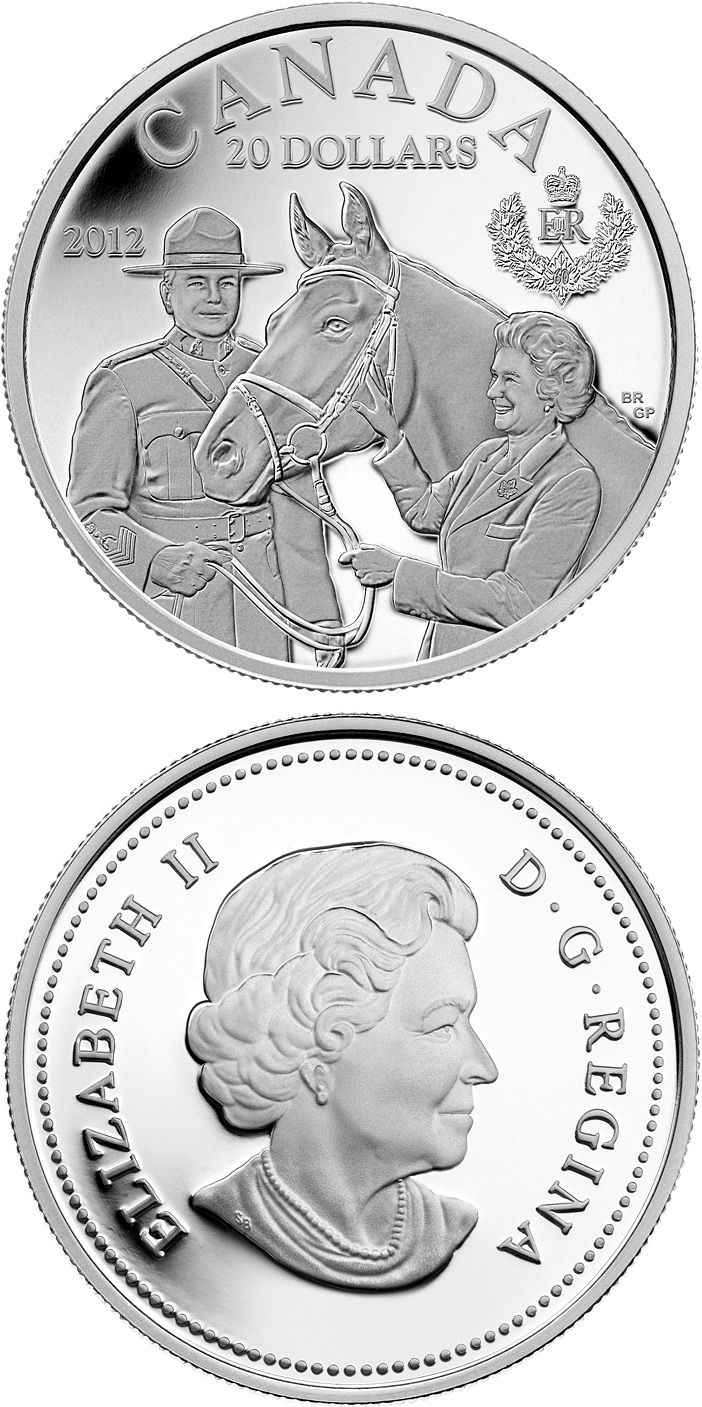 Image of 20 dollars coin - The Queen’s Visit to Canada | Canada 2012.  The Silver coin is of Proof quality.