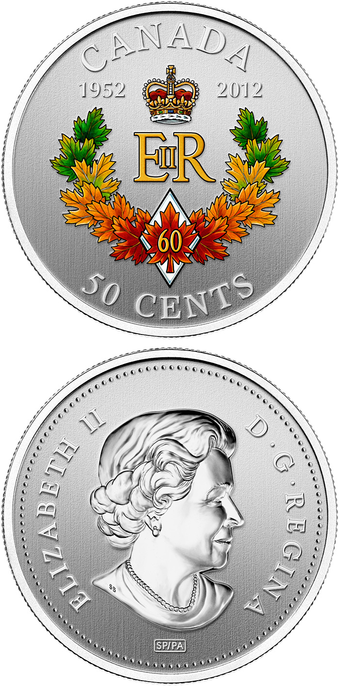 Image of 50 cents coin - The Queen's Diamond Jubilee Emblem for Canada | Canada 2012.  The Gold coin is of Proof quality.