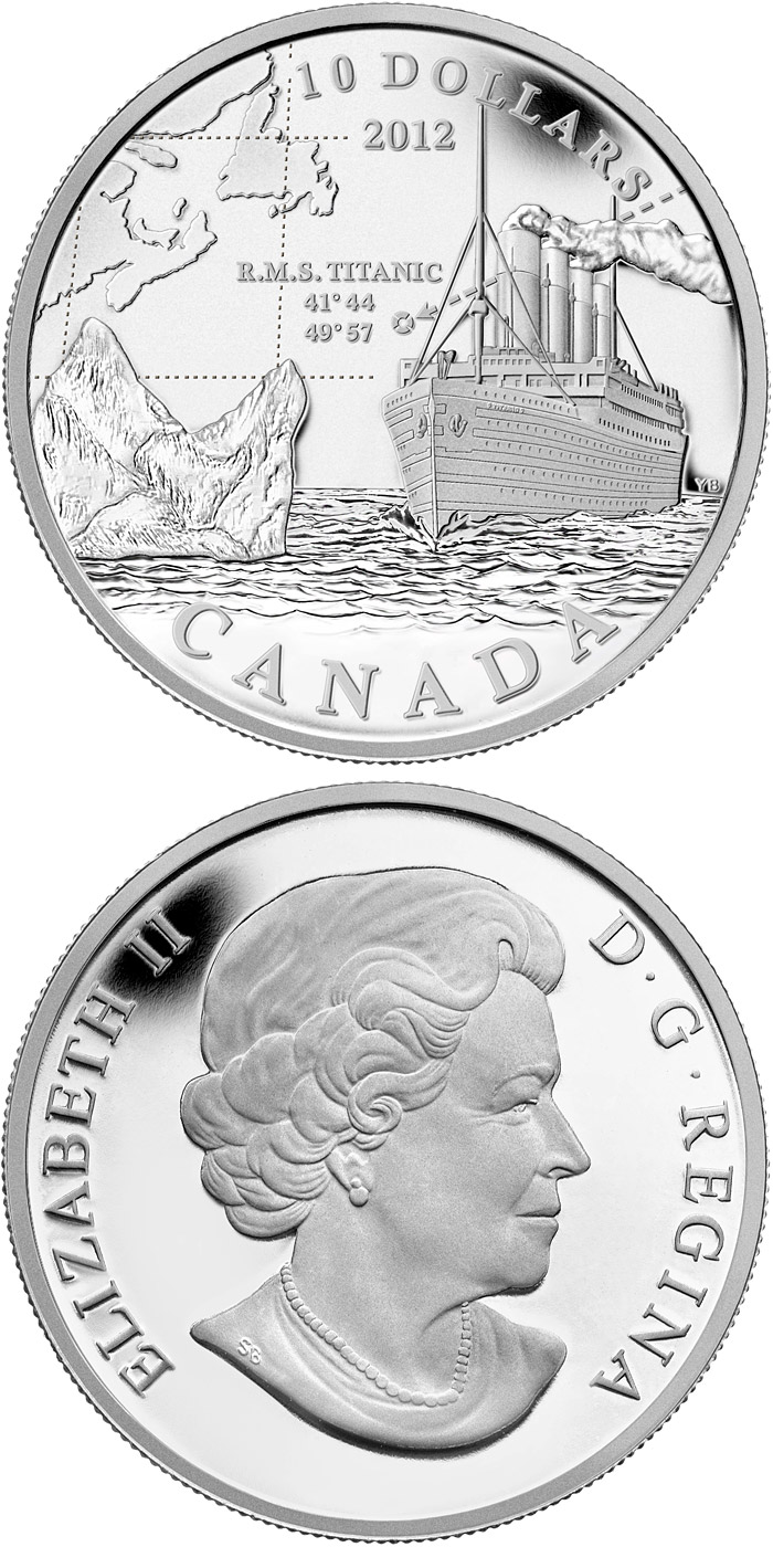 Image of 10 dollars coin - 100th Anniversary of the Sinking of the RMS Titanic | Canada 2012.  The Silver coin is of Proof quality.