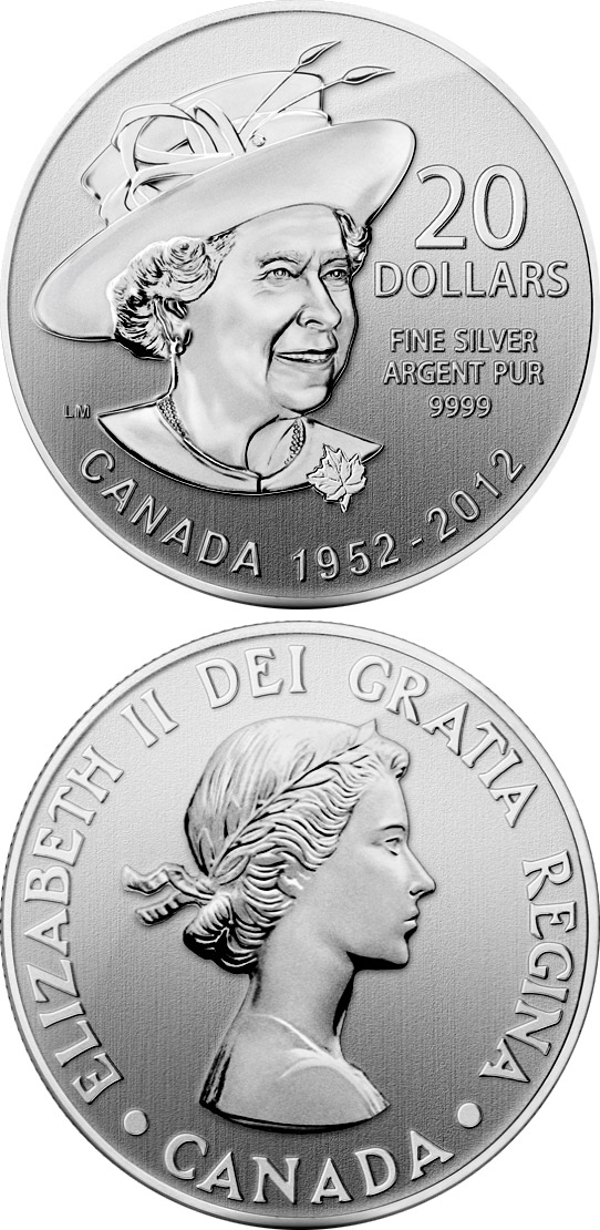 Image of 20 dollars coin - The Queen's Diamond Jubilee  | Canada 2012.  The Silver coin is of BU quality.
