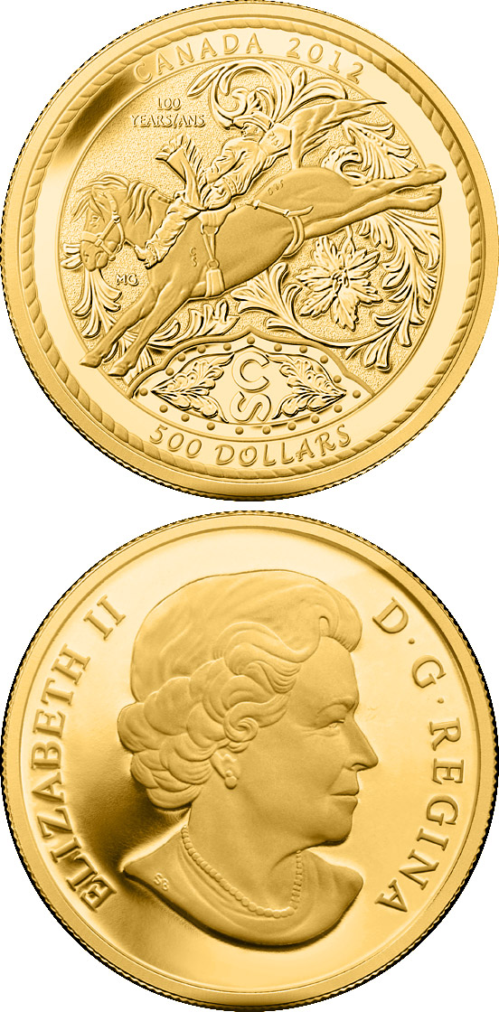 Image of 500 dollars coin - 100 Years of the Calgary Stampede | Canada 2012.  The Gold coin is of Proof quality.