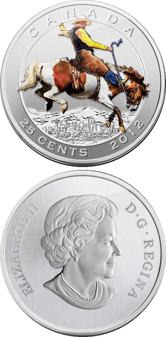 Image of 25 cents coin - 100th Anniversary of the world-renowned Calgary Stampede | Canada 2012.  The Bimetal: CuNi, nordic gold coin is of BU quality.