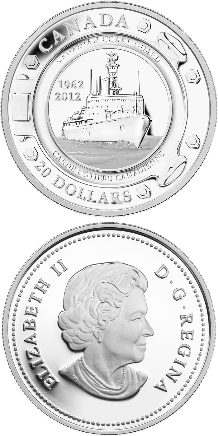 Image of 20 dollars coin - 50th Anniversary of the Canadian Coast Guard | Canada 2012.  The Silver coin is of Proof quality.