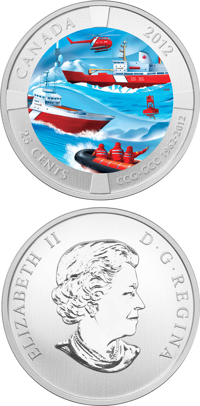 Image of 25 cents coin - 50th Anniversary of the Canadian Coast Guard  | Canada 2012.  The Copper–Nickel (CuNi) coin is of BU quality.