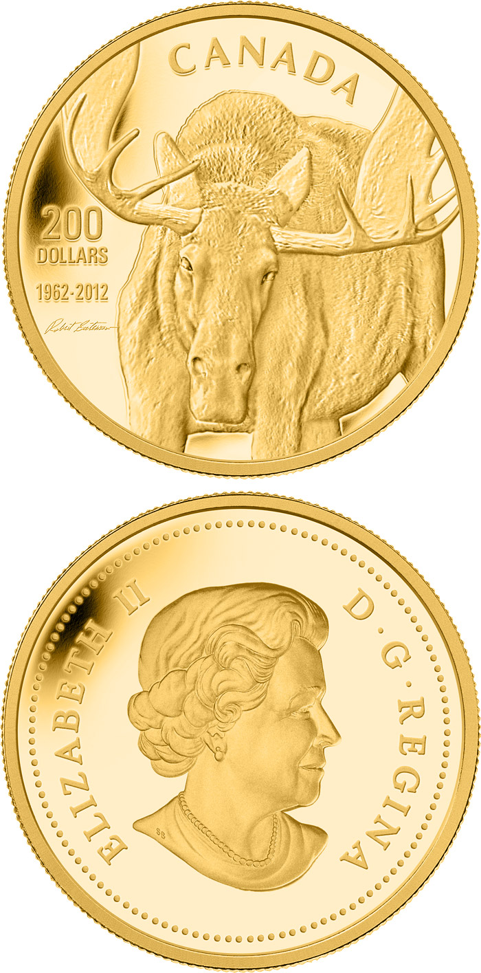 Image of 200 dollars coin - Robert Bateman Moose | Canada 2012.  The Gold coin is of Proof quality.