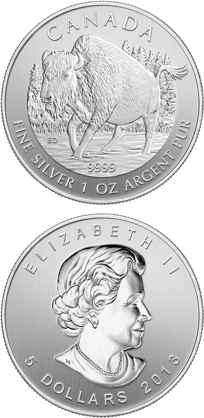 Image of 5 dollars coin - Bison | Canada 2013.  The Silver coin is of BU quality.