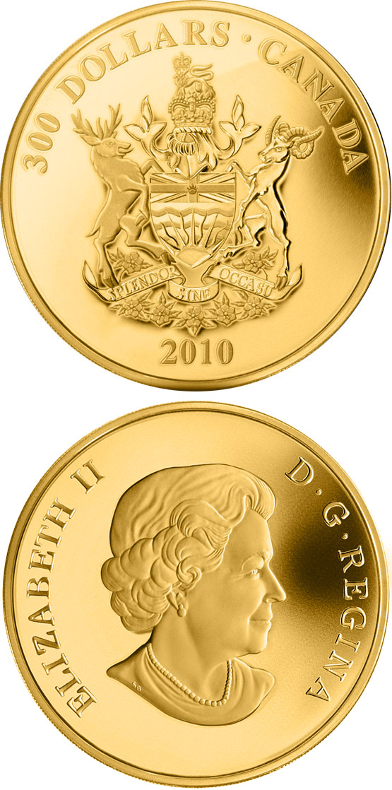 Image of 300 dollars coin - British Columbia Coat of Arms | Canada 2010.  The Silver coin is of Proof quality.