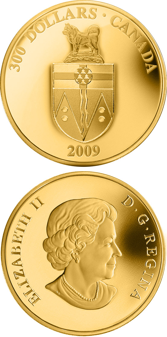 Image of 300 dollars coin - Yukon Coat of Arms | Canada 2009.  The Silver coin is of Proof quality.
