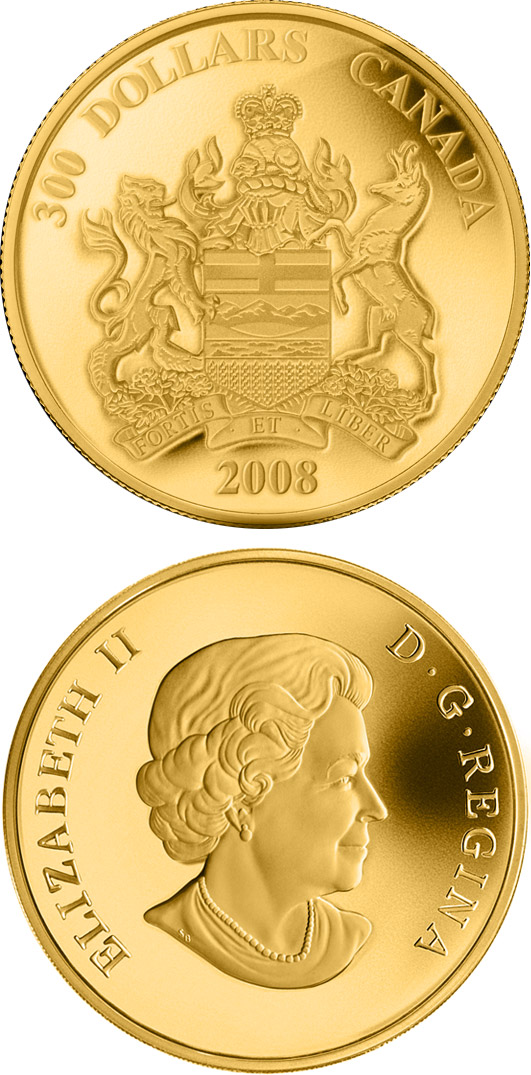 Image of 300 dollars coin - Alberta Provincial Coat of Arms | Canada 2008.  The Silver coin is of Proof quality.