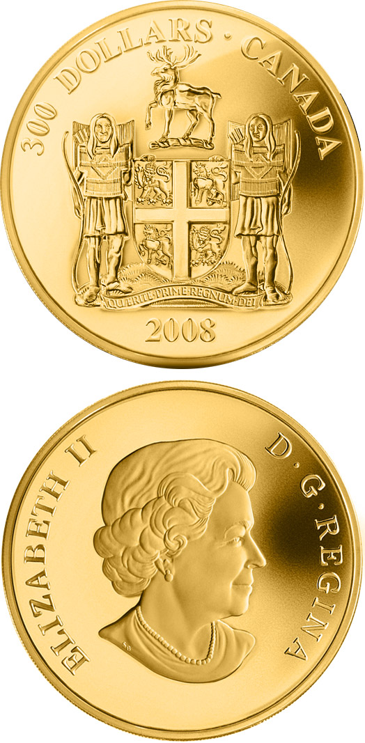 Image of 300 dollars coin - Newfoundland and Labrador Coat of Arms | Canada 2008.  The Silver coin is of Proof quality.