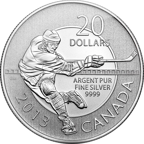 Image of 20 dollars coin - Hockey | Canada 2013.  The Silver coin is of BU quality.