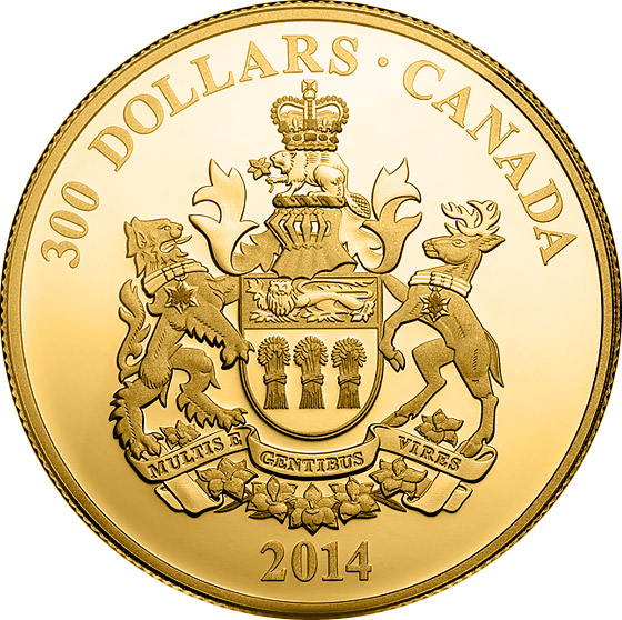 Image of 300 dollars coin - Saskatchewan Coat of Arms | Canada 2014.  The Silver coin is of Proof quality.