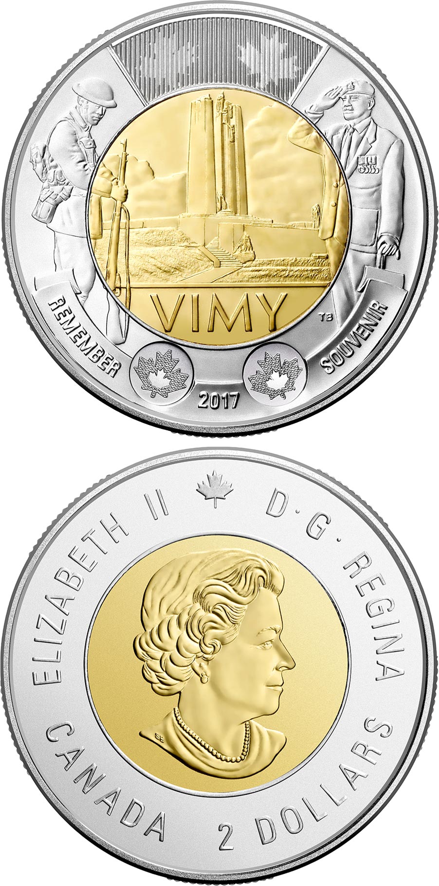 Image of 2 dollars coin - The Battle of Vimy Ridge | Canada 2017.  The Bimetal: CuNi, nordic gold coin is of UNC quality.