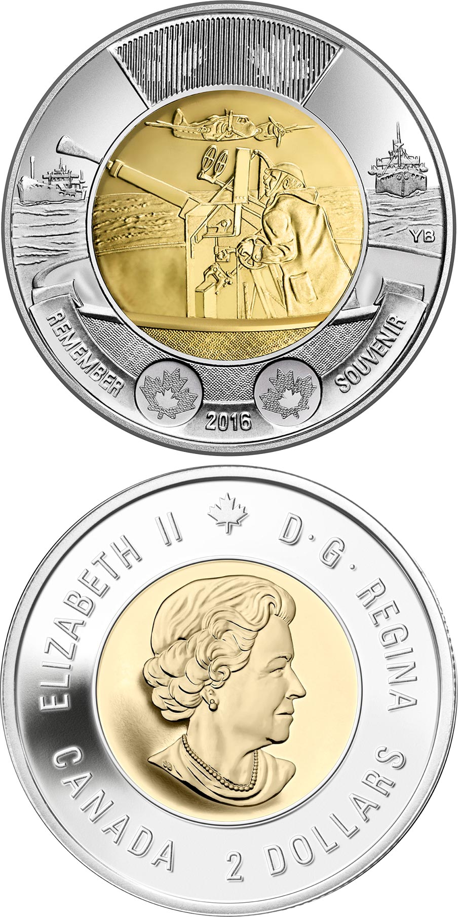 Image of 2 dollars coin - 75th Anniversary of the Battle of the Atlantic | Canada 2016.  The Bimetal: CuNi, nordic gold coin is of UNC quality.
